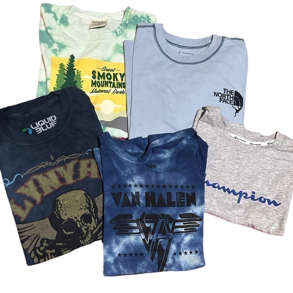 5 Blue Green Grey T-shirts North Face American Eagle Champion Band Tees